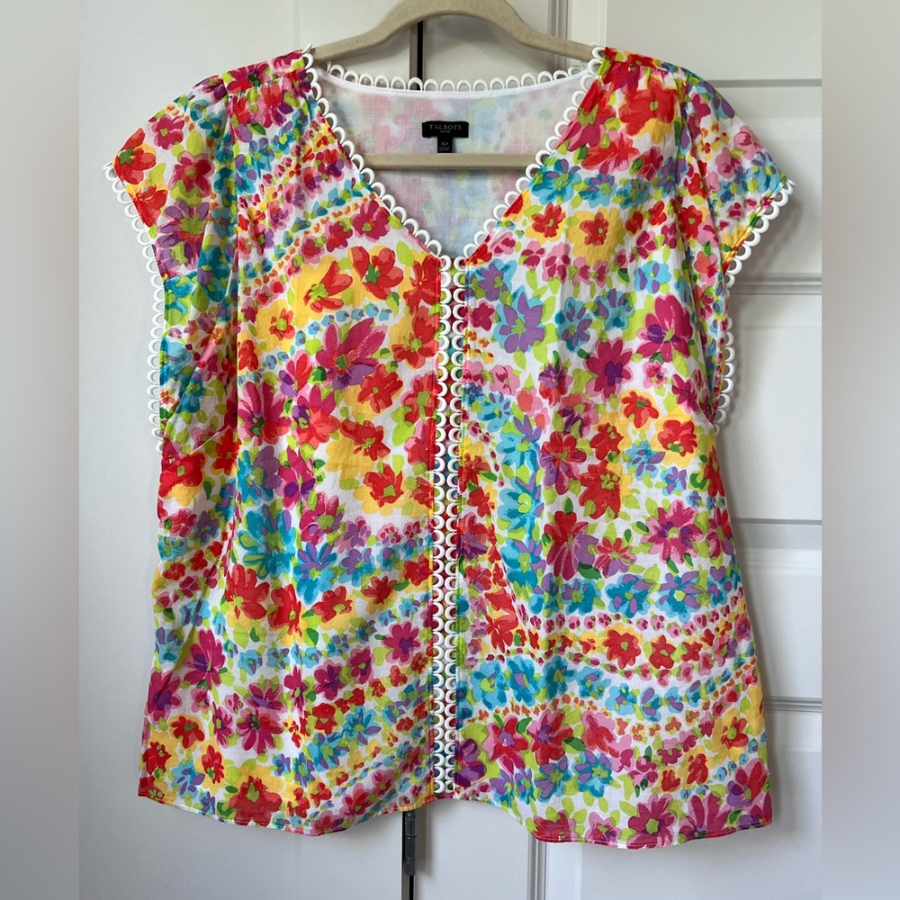 Talbots Petite Floral Embroidered V-Neck Top Size XLP
